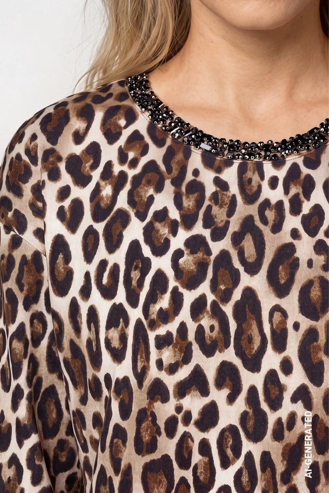 Leopard Crystal Neckline Top