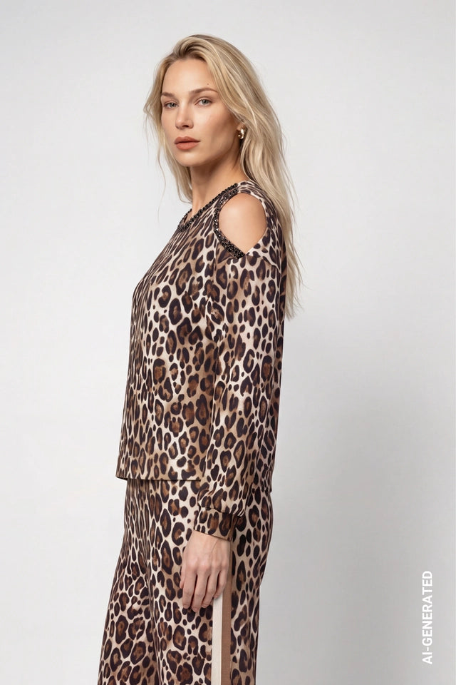 Leopard Crystal Neckline Top