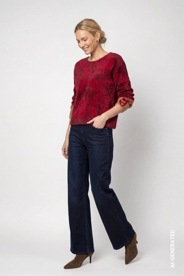 Red Dahlia Pattern Knitted Jumper With Paisley Pattern