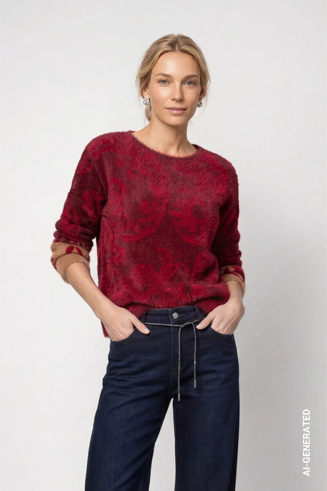 Red Dahlia Pattern Knitted Jumper With Paisley Pattern