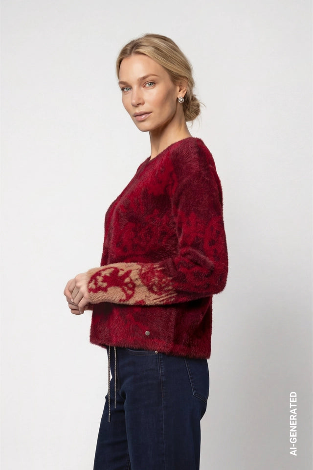 Red Dahlia Pattern Knitted Jumper With Paisley Pattern