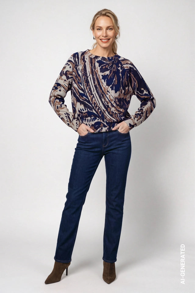 Classic Navy Jumper With Paisley Jacquard