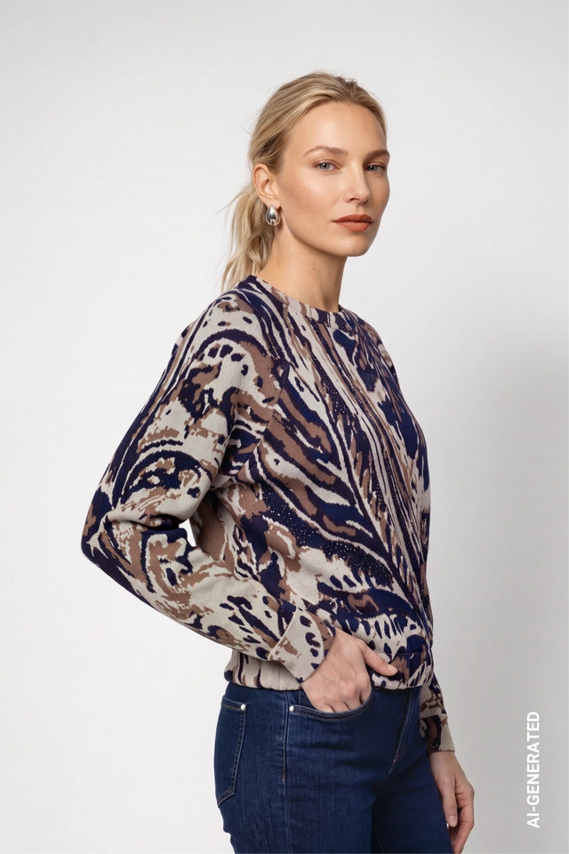 Classic Navy Jumper With Paisley Jacquard