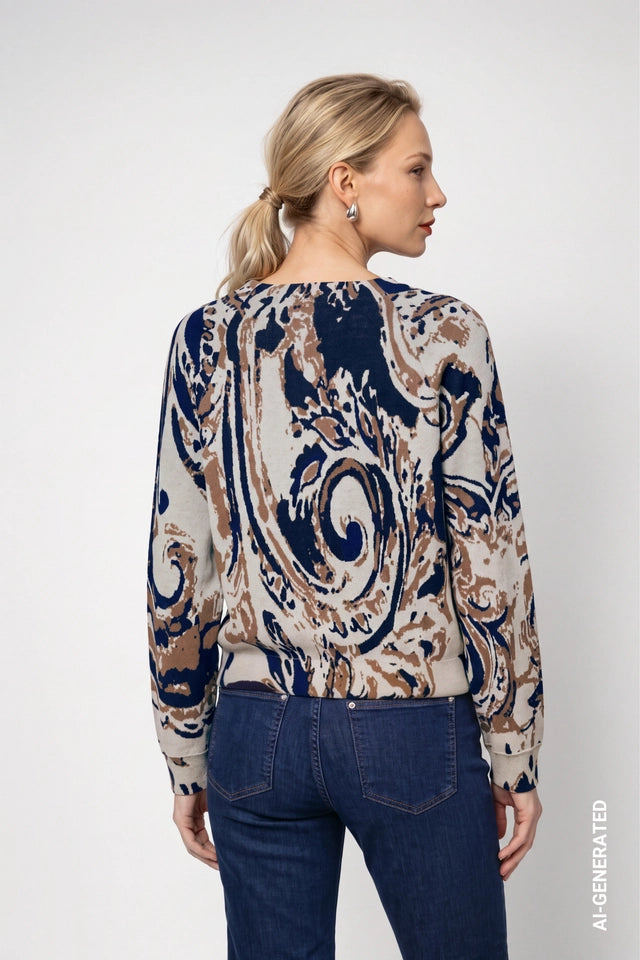 Classic Navy Jumper With Paisley Jacquard