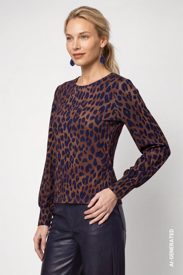 Classic Navy Long-sleeve Shirt With Leopard Pattern