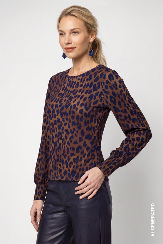 Classic Navy Long-sleeve Shirt With Leopard Pattern