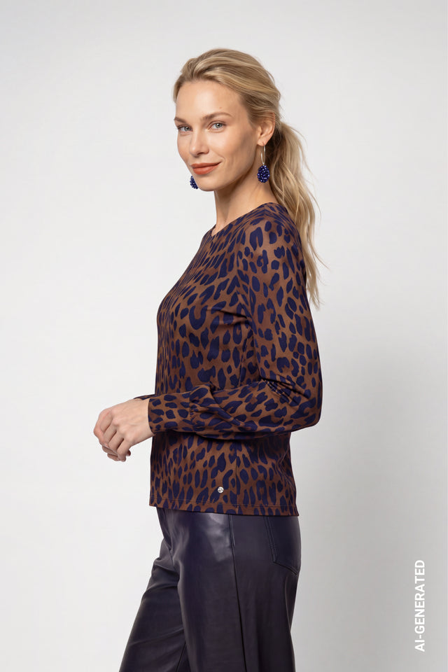 Classic Navy Long-sleeve Shirt With Leopard Pattern