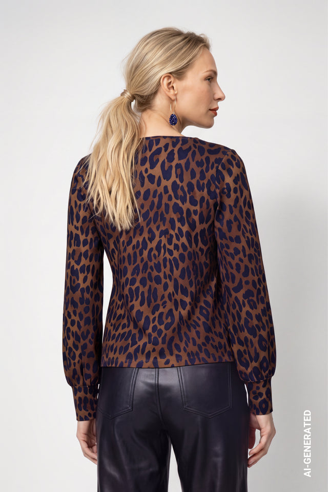 Classic Navy Long-sleeve Shirt With Leopard Pattern