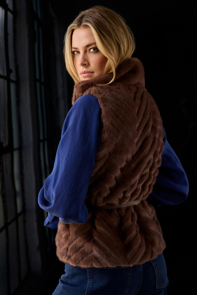 Dark Tiramisu Waistcoat Faux fur With Waist Belt