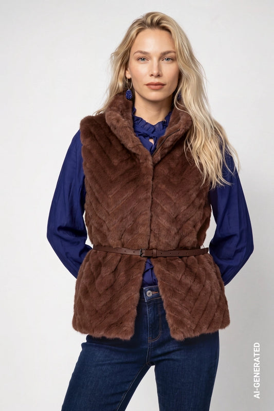 Dark Tiramisu Waistcoat Faux fur With Waist Belt