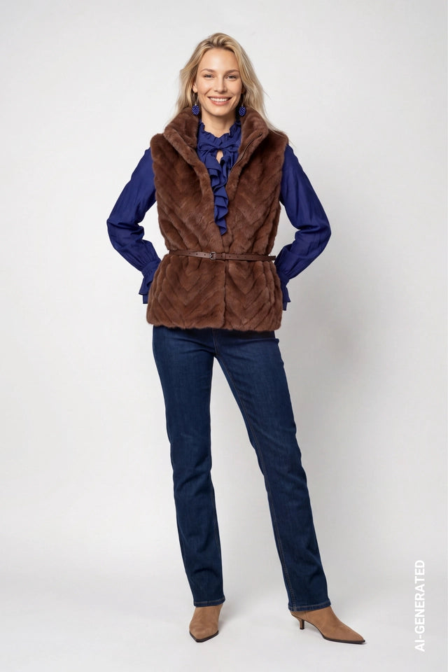 Dark Tiramisu Waistcoat Faux fur With Waist Belt