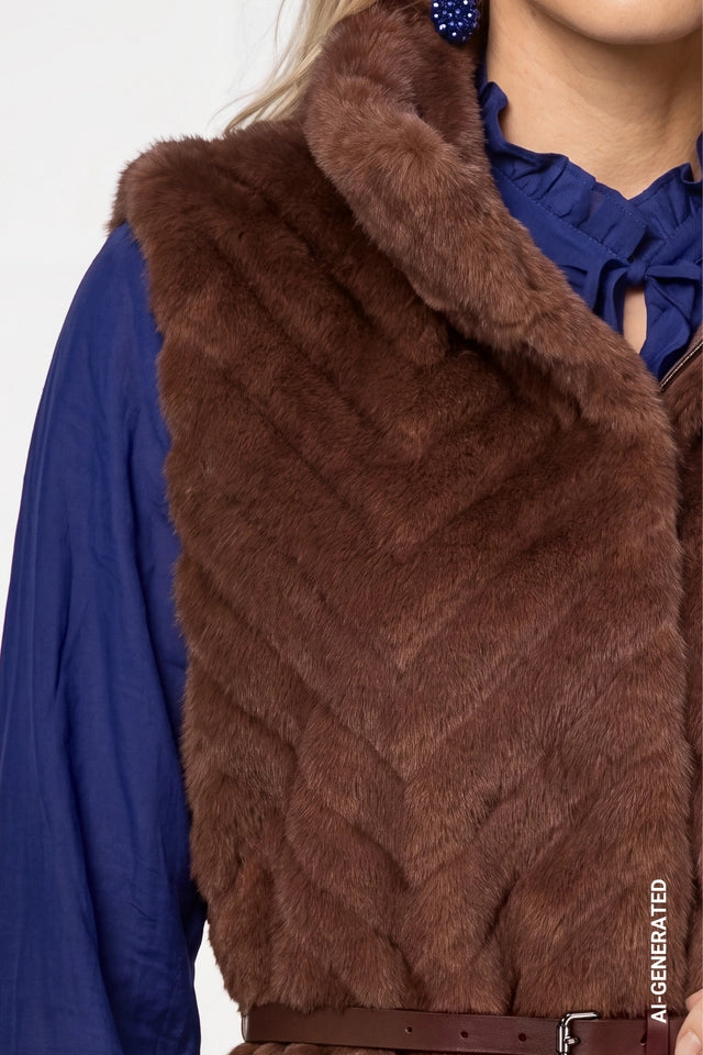 Dark Tiramisu Waistcoat Faux fur With Waist Belt