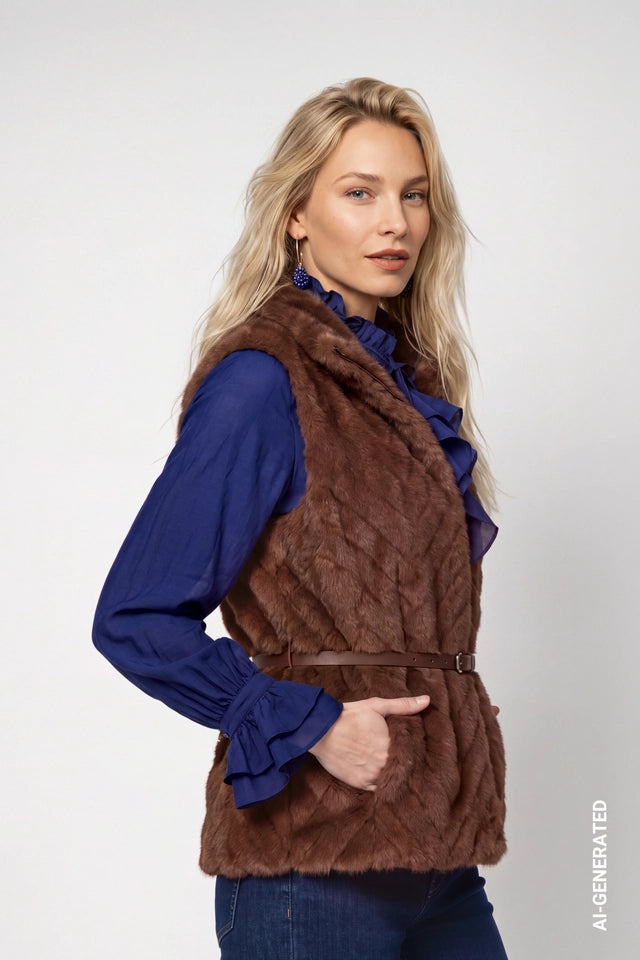 Dark Tiramisu Waistcoat Faux fur With Waist Belt