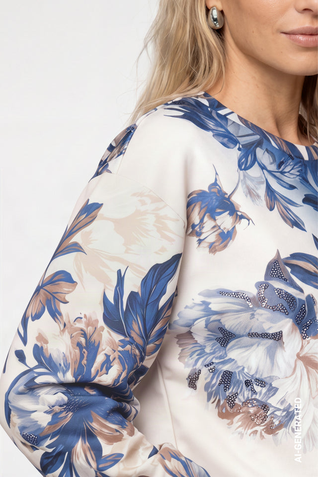 Navy And Cream Sweatshirt With Floral Pattern