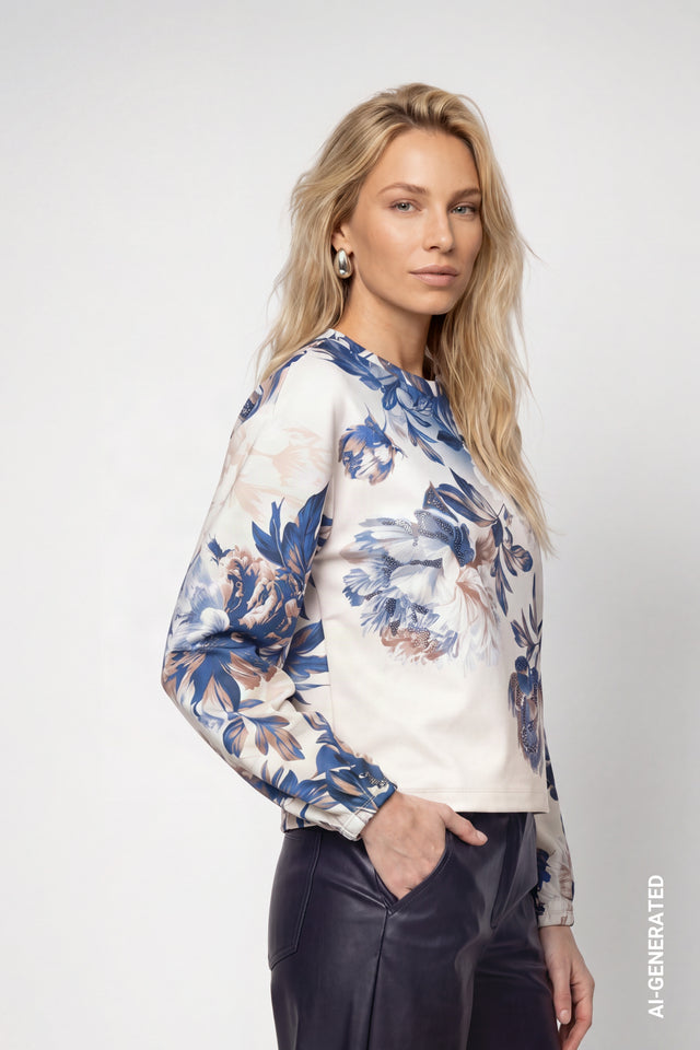 Navy And Cream Sweatshirt With Floral Pattern