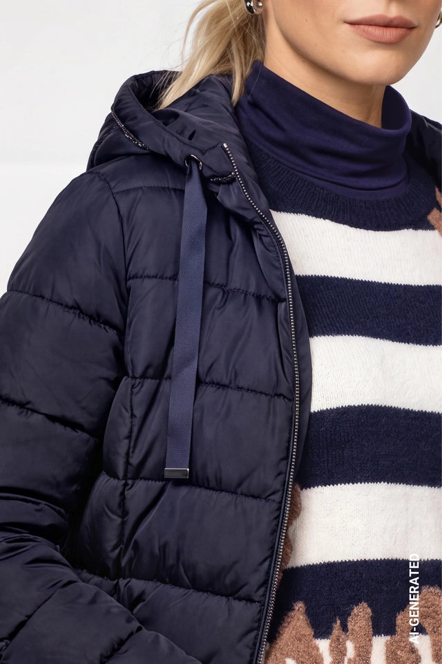 Dark Blue Quilted Coat With Patch