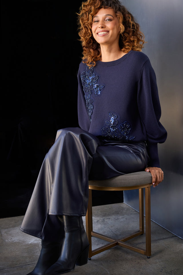 Dark Blue Knitted Jumper With Decorative Applications