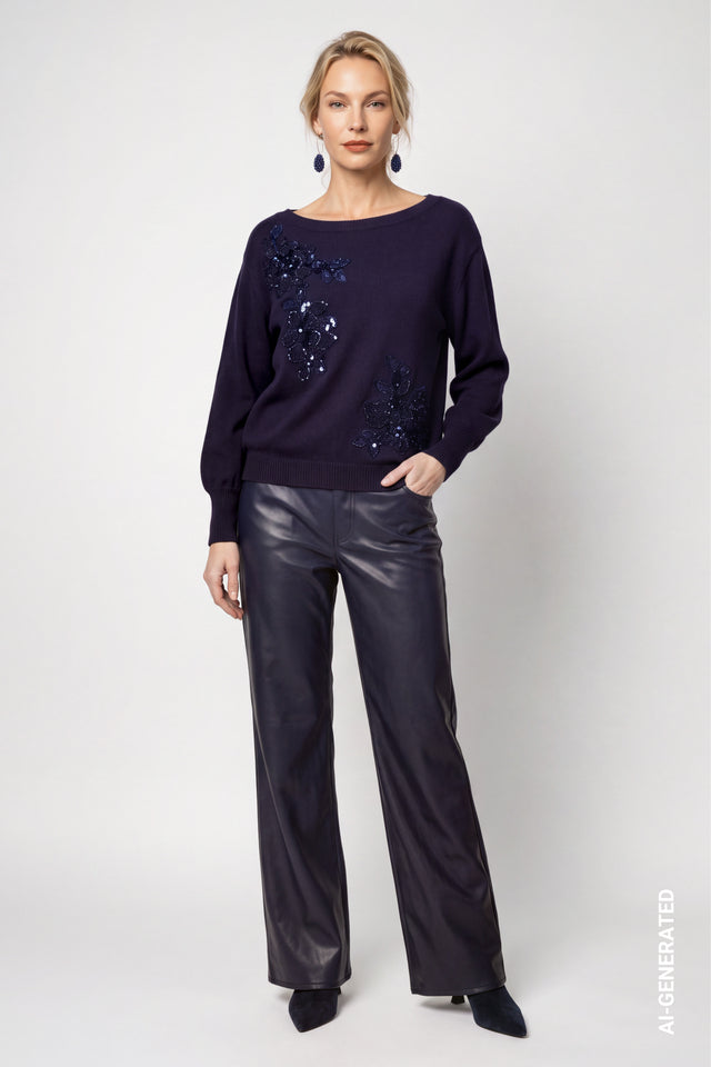 Dark Blue Knitted Jumper With Decorative Applications
