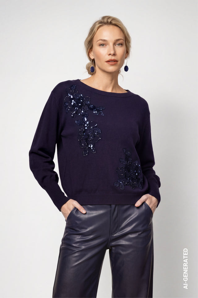 Dark Blue Knitted Jumper With Decorative Applications
