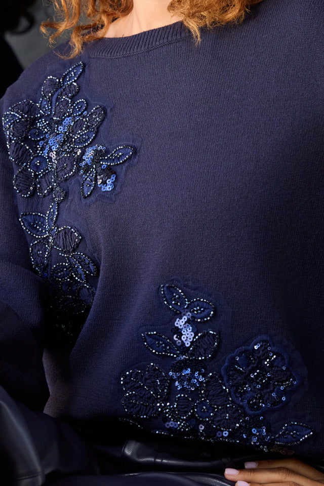 Dark Blue Knitted Jumper With Decorative Applications