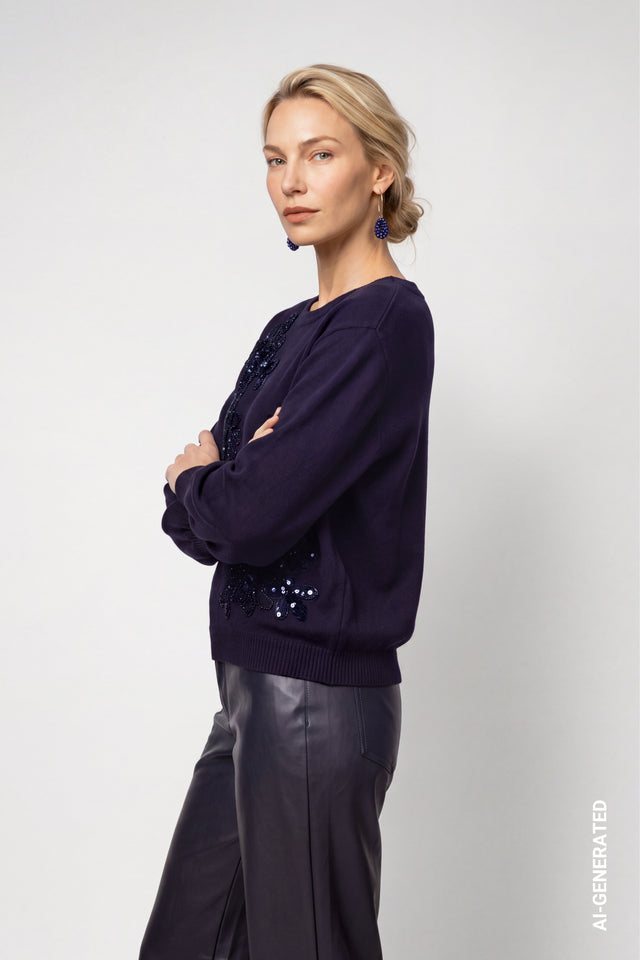 Dark Blue Knitted Jumper With Decorative Applications