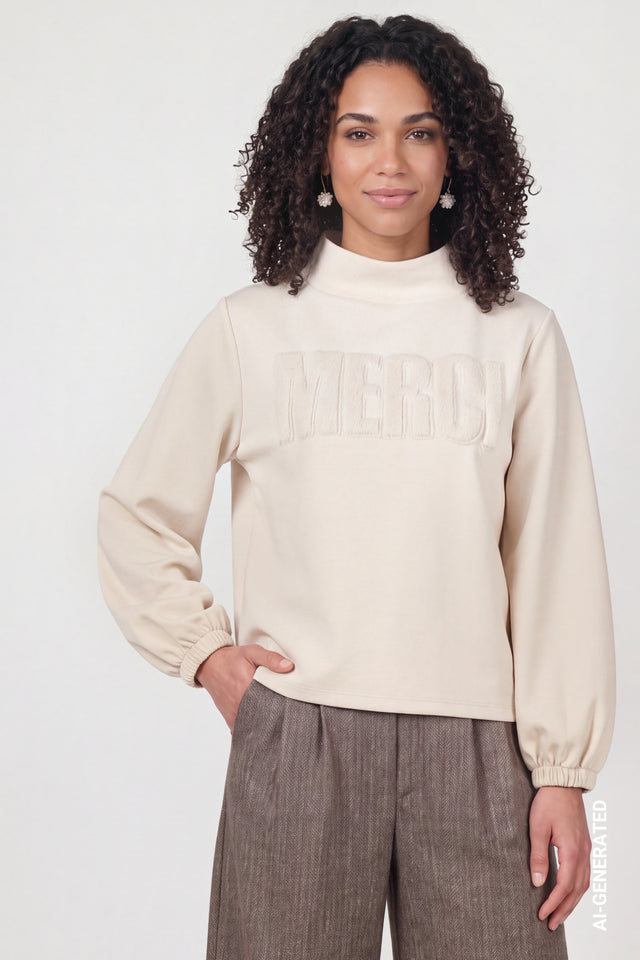 Warm Beige Sweatshirt With Fur Application