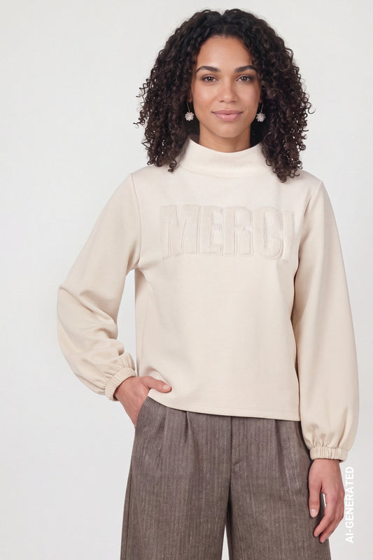 Warm Beige Sweatshirt With Fur Application