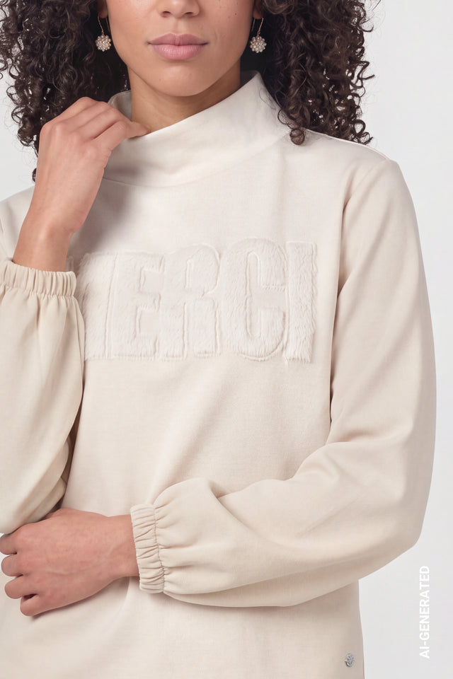Warm Beige Sweatshirt With Fur Application