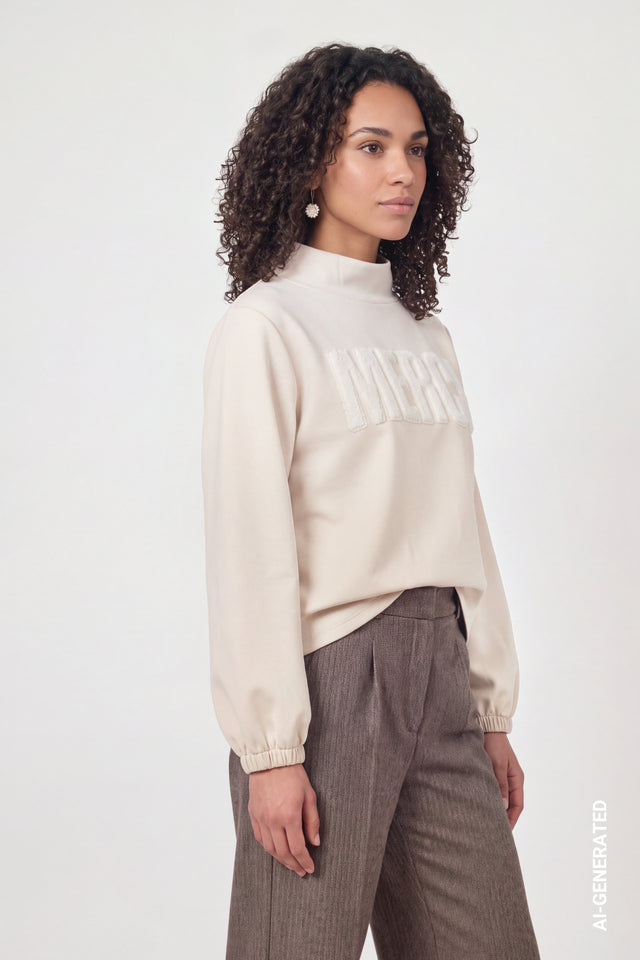 Warm Beige Sweatshirt With Fur Application
