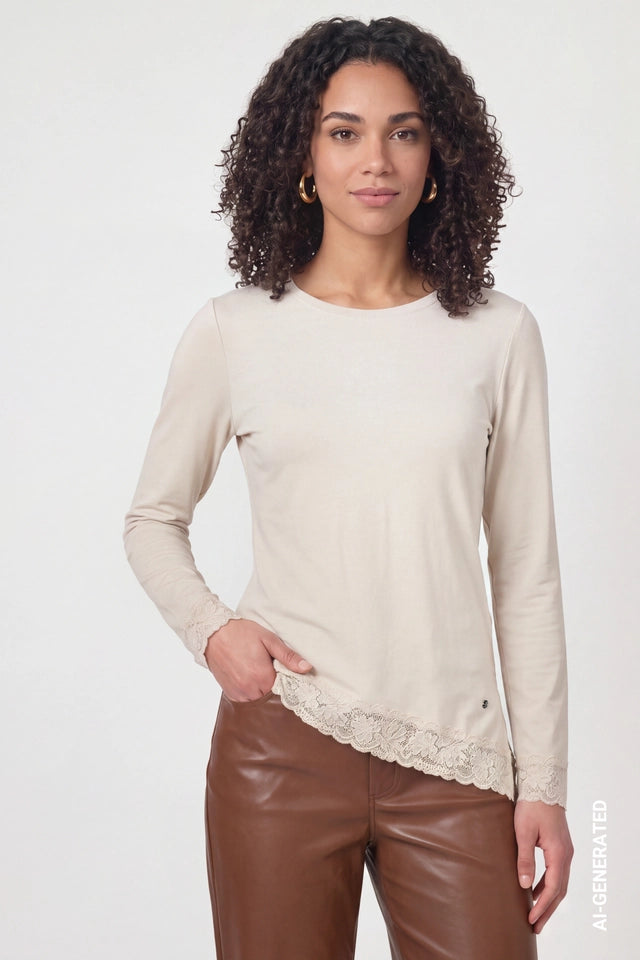 Warm Beige Long-sleeve Top With Lace Trim