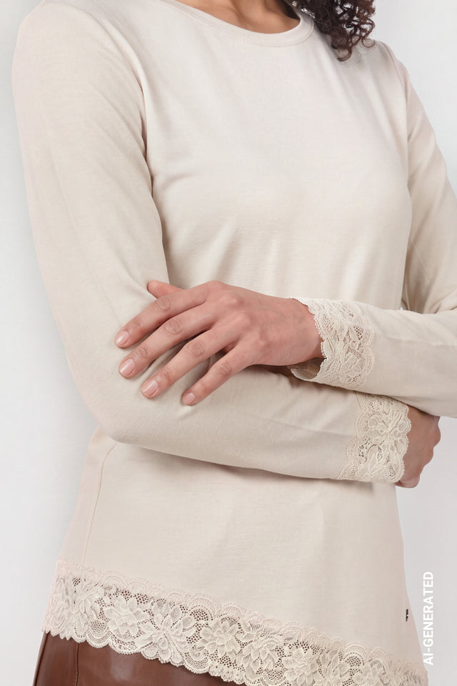Warm Beige Long-sleeve Top With Lace Trim