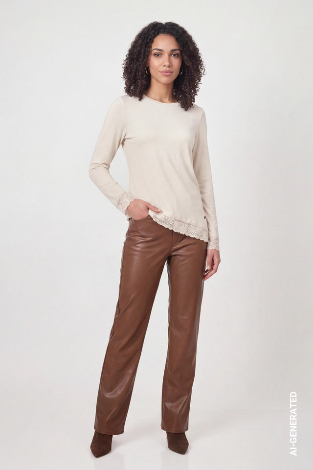 Warm Beige Long-sleeve Top With Lace Trim