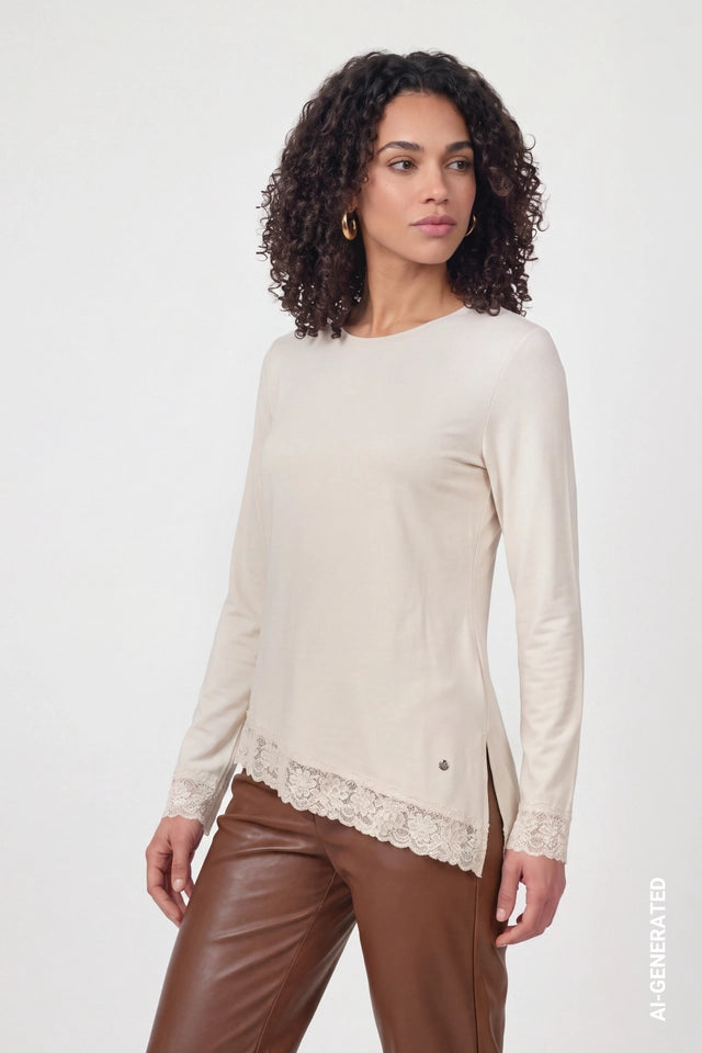 Warm Beige Long-sleeve Top With Lace Trim