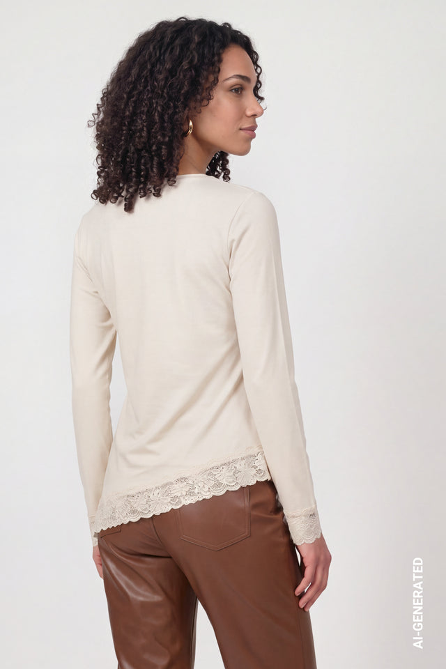 Warm Beige Long-sleeve Top With Lace Trim