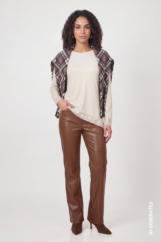 Warm Beige Long-sleeve Top With Lace Trim