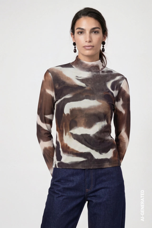 Chocolate Brown Mesh Long-sleeve Top With Tie-dye Effect