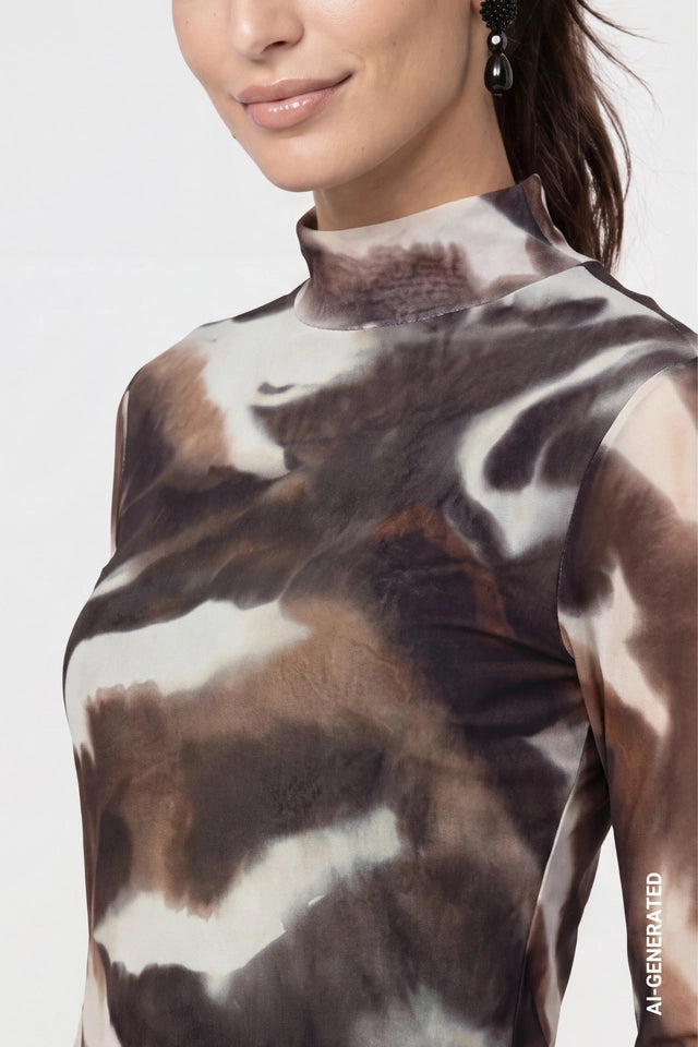 Chocolate Brown Mesh Long-sleeve Top With Tie-dye Effect