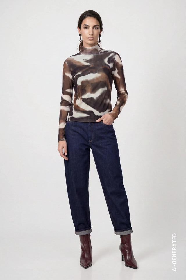 Chocolate Brown Mesh Long-sleeve Top With Tie-dye Effect