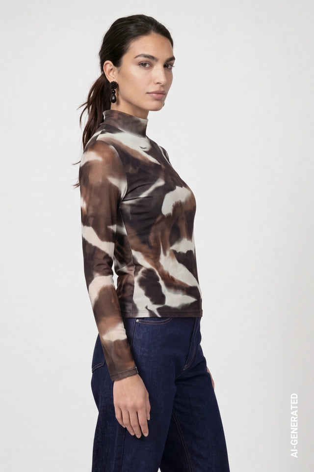 Chocolate Brown Mesh Long-sleeve Top With Tie-dye Effect