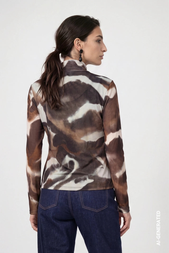Chocolate Brown Mesh Long-sleeve Top With Tie-dye Effect