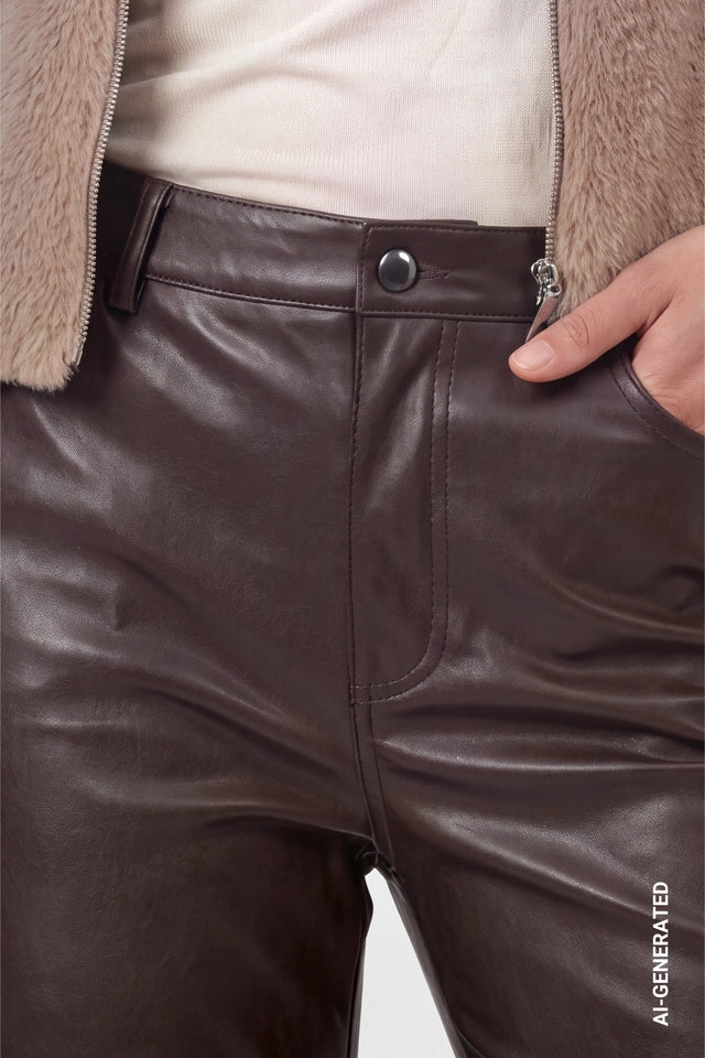 Dark Brown Faux Leather Wide-leg Trousers