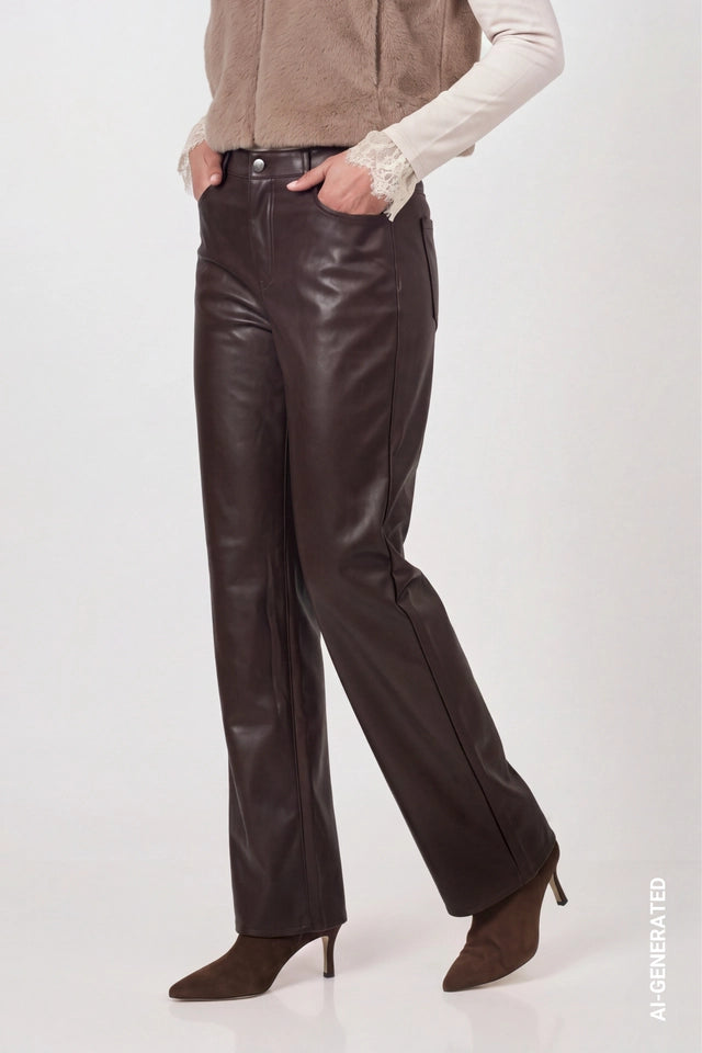 Dark Brown Faux Leather Wide-leg Trousers