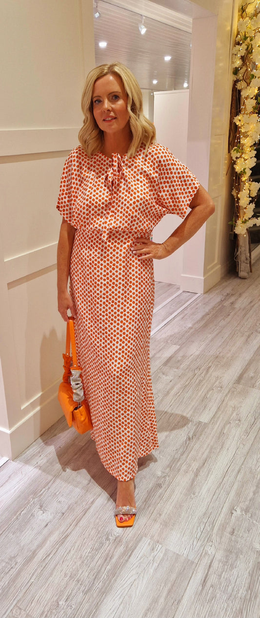 Lenu Orange Polka Dot Midi Dress