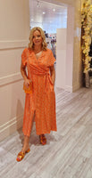 Vibrant Orange Print Midi Dress