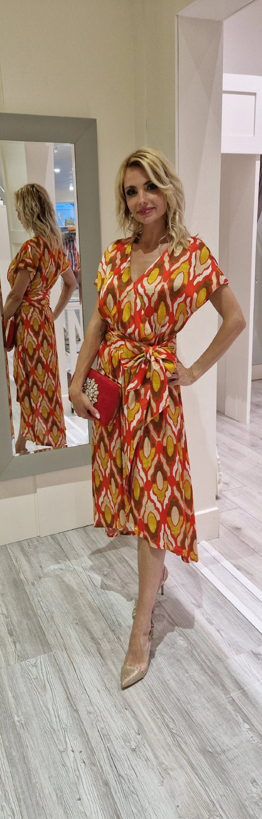 Red Printed Midi Wrap Dress