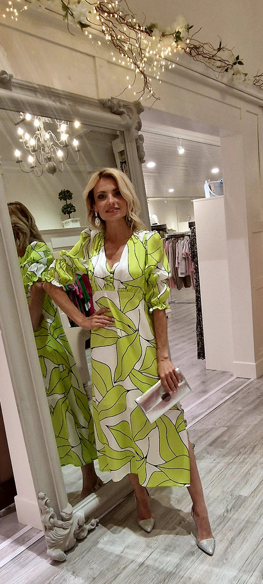 Lime & Cream Printed Midi Dress