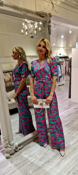 Fuchsia And Green Graphic Print Jumpsuit