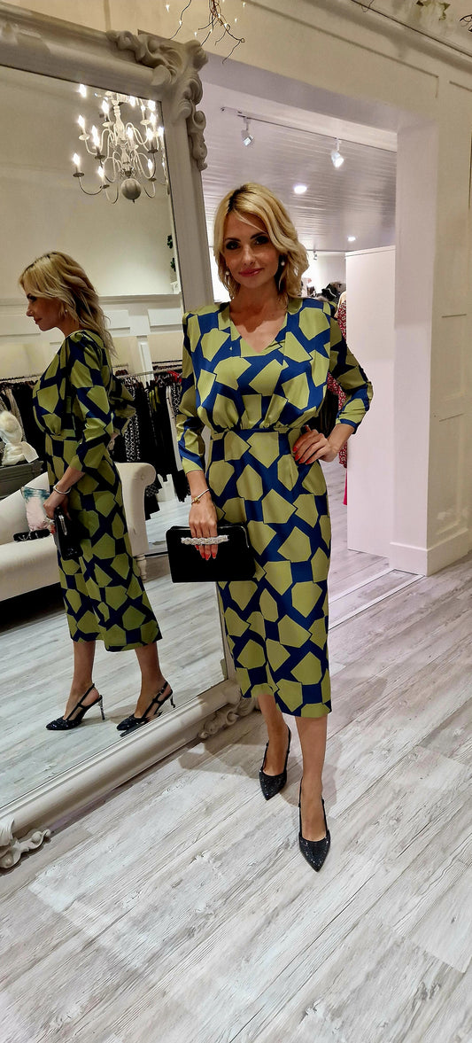 Green And Navy Midi Dress With Geometric Print