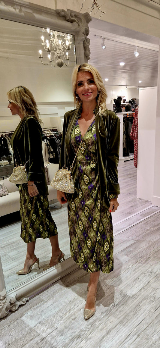 Green Printed Wrap Midi Dress