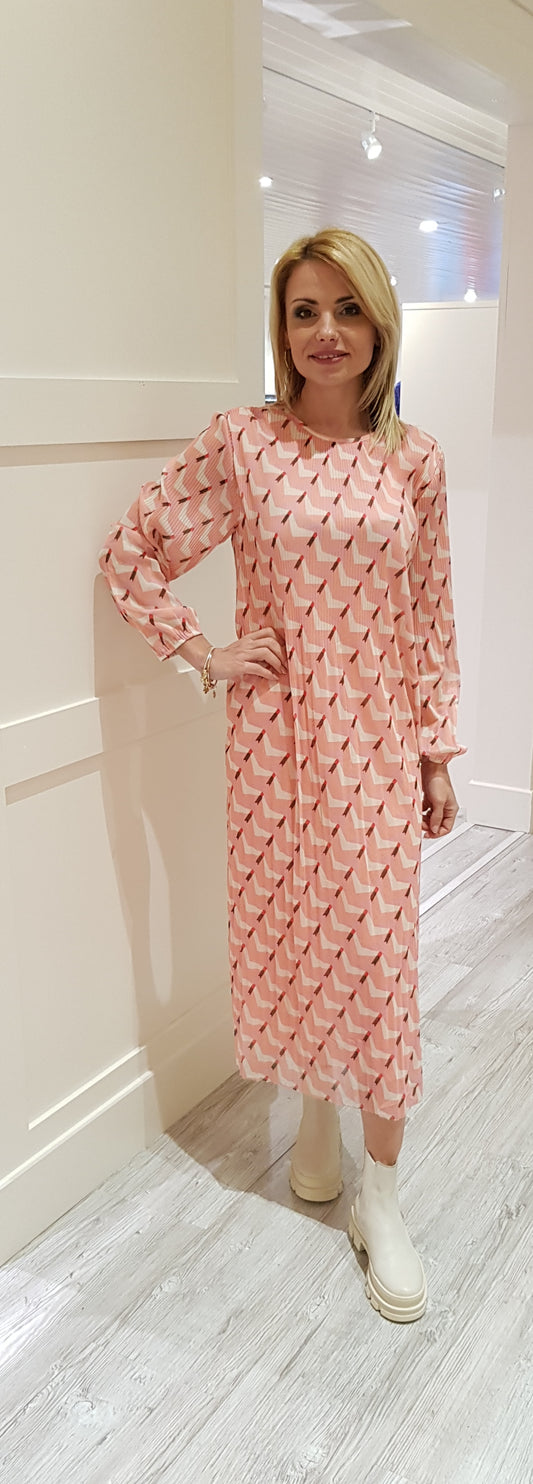 Pink Printed Mesh Midi Dress
